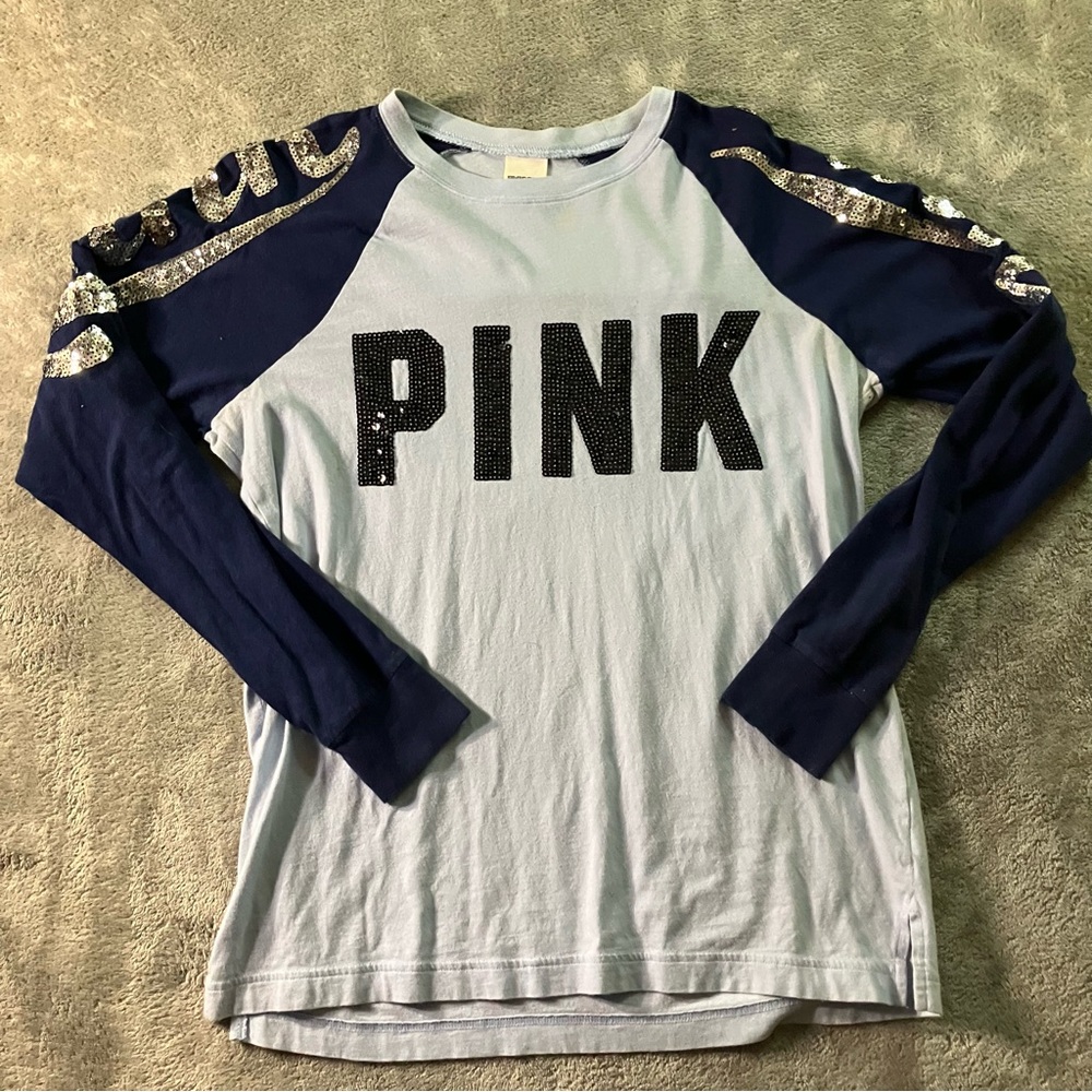 VS “Pink” Navy Blue/Baby Blue Sequins LS top size XS